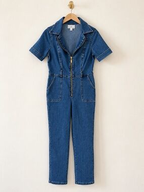 Premier Amour Denim Jumpsuit Womens Size 8 Short Sleeve Zip Front Utility Romper